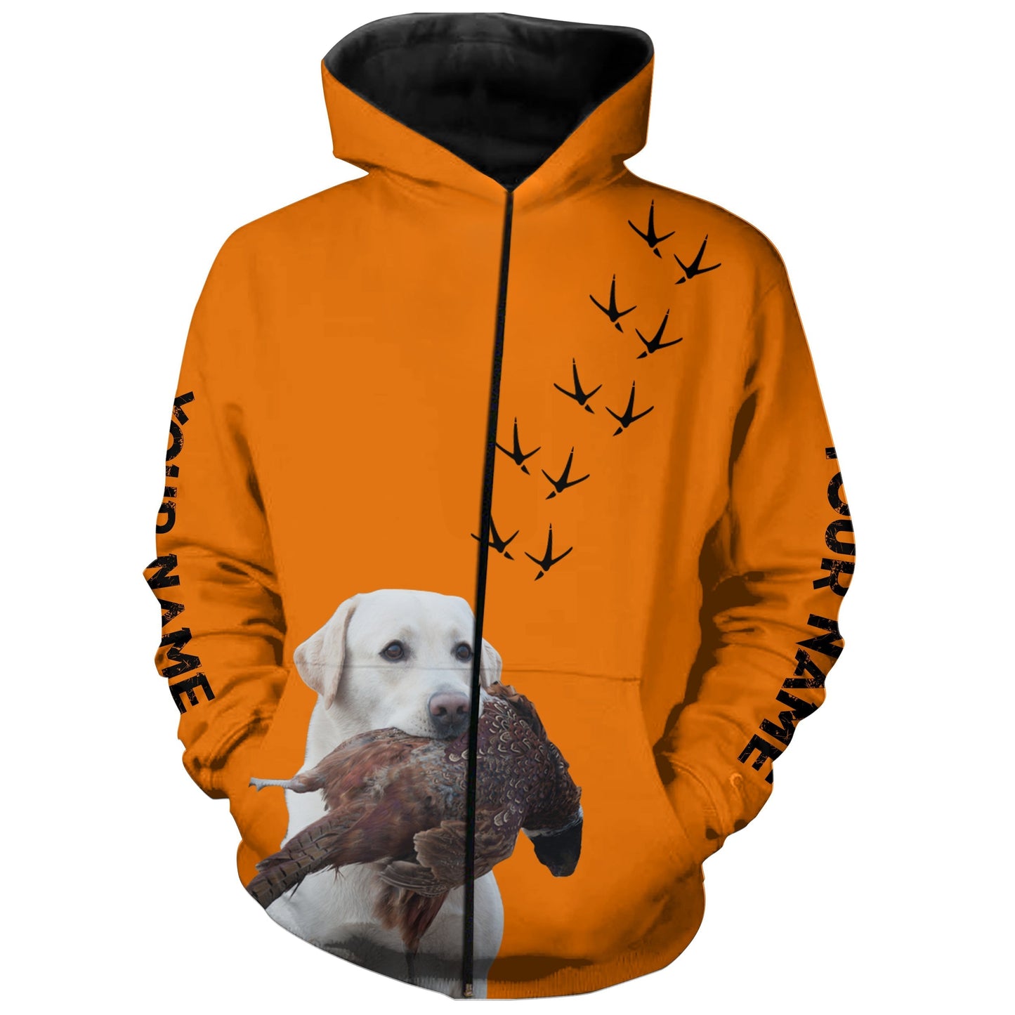 White Labs Dog Pheasant Hunting Blaze Orange custom Name Hunting Hoodie, T-shirt FSD3971 Zip up hoodie