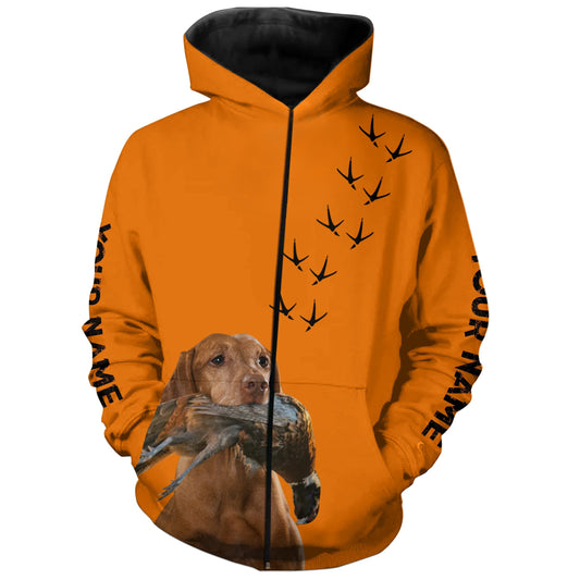 Vizsla Dog Pheasant Hunting Blaze Orange custom Name Hunting Hoodie, T-shirt FSD3975 Zip up hoodie