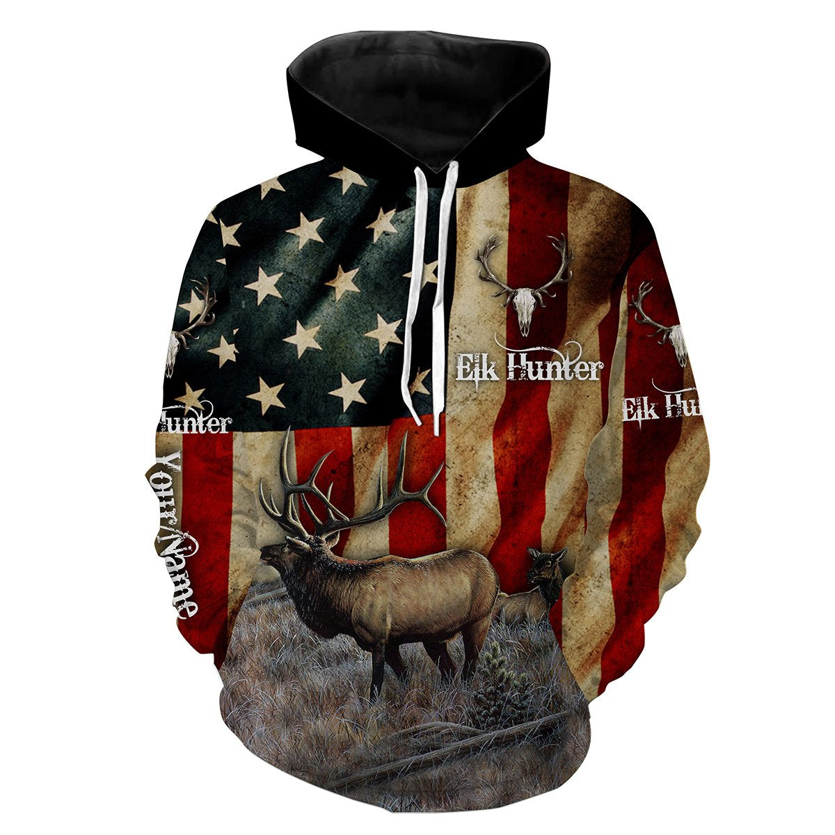 Elk Hunting American Flag Custom Name 3D All Over Print Shirts  Hoodie Hoodie