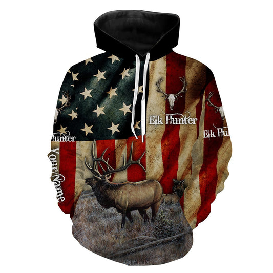 Elk Hunting American Flag Custom Name 3D All Over Print Shirts  Hoodie Hoodie