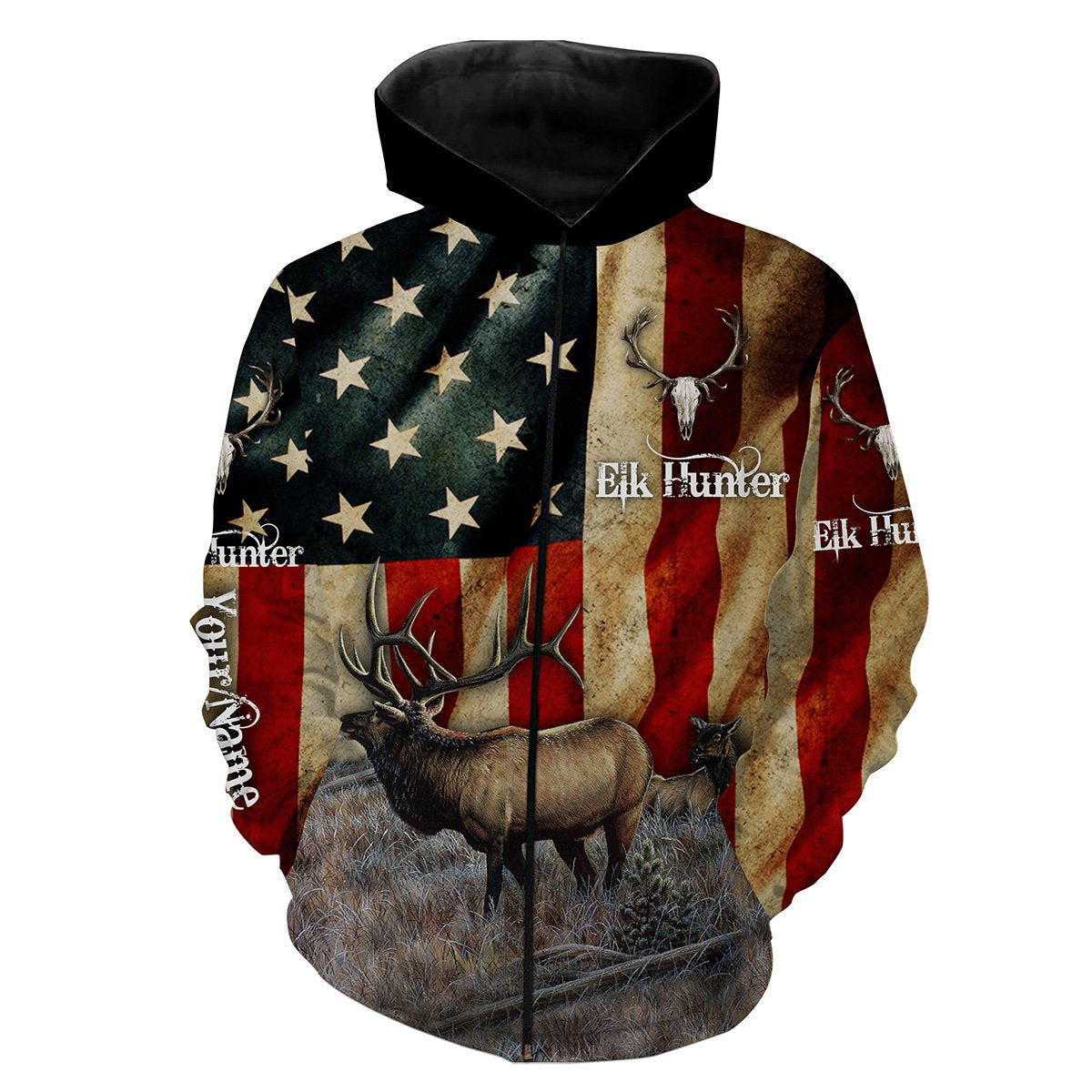 Elk Hunting American Flag Custom Name 3D All Over Print Shirts  Zip Up Hoodie Zip Up Hoodie