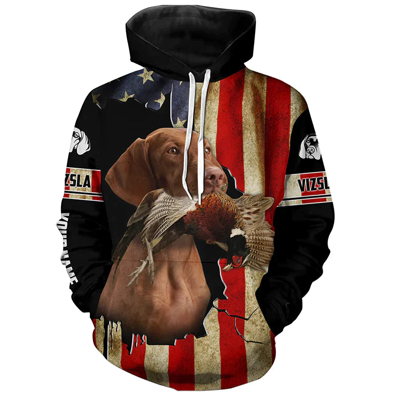 Vizsla Bird Dog Pheasant hunting American flag Custom Name Shirts, gifts for hunting dog owners FSD3801 Hoodie