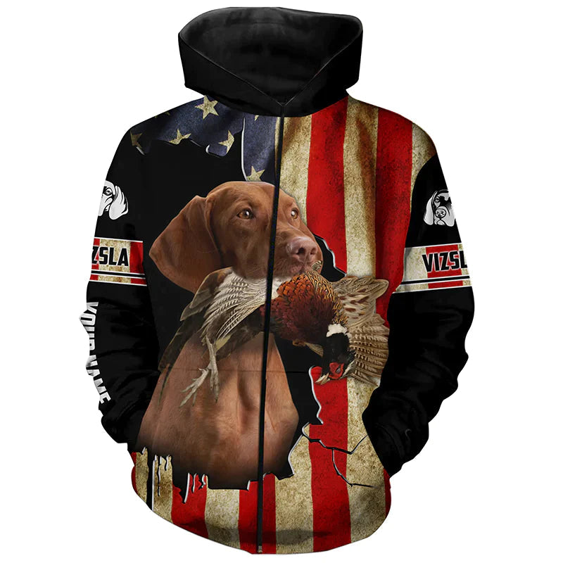 Vizsla Bird Dog Pheasant hunting American flag Custom Name Shirts, gifts for hunting dog owners FSD3801 Zip up hoodie