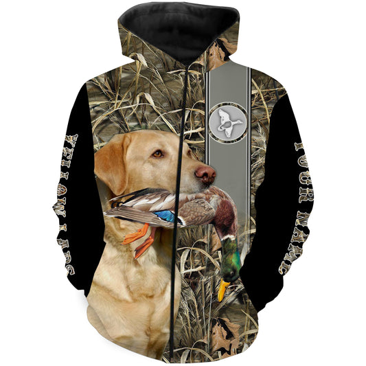 Yellow Labrador Duck Hunting with Dog Waterfowl Camo Custom Name All Over Printed Shirts FSD3146 Zip up hoodie