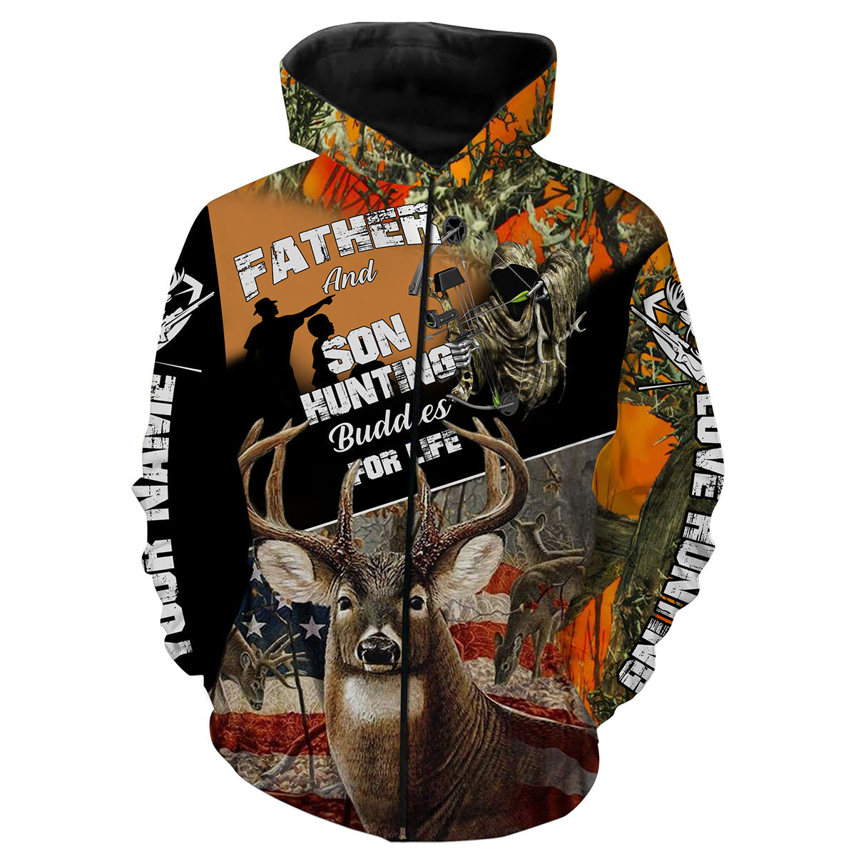 Father's Day Gift For Dad Father And Son Hunting Buddies For Life US Flag Deer Hunting Orange Camo Custom Name Shirts FSD1542