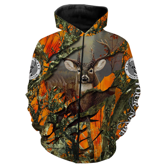 Personalized Whitetail Deer Hunting Orange Camo 3D Shirts Zip Up Hoodie Zip Up Hoodie