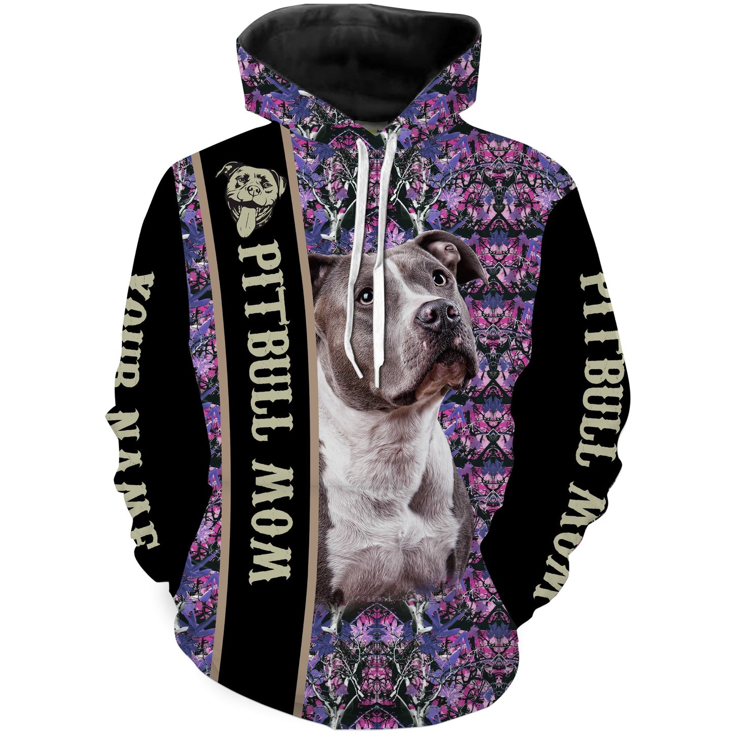 Womens Pitbull Mom Pink and Purple Camo Custom Name 3D All over Printed Shirts Personalized Dog Mom Gifts FSD2170