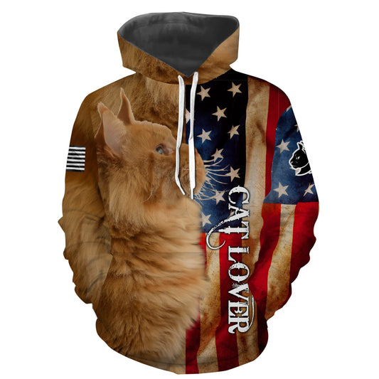 Yellow Cat US Flag 3D Shirt All Over Print Gift For Cat Lover 4th Of July - TNN544 Hoodie