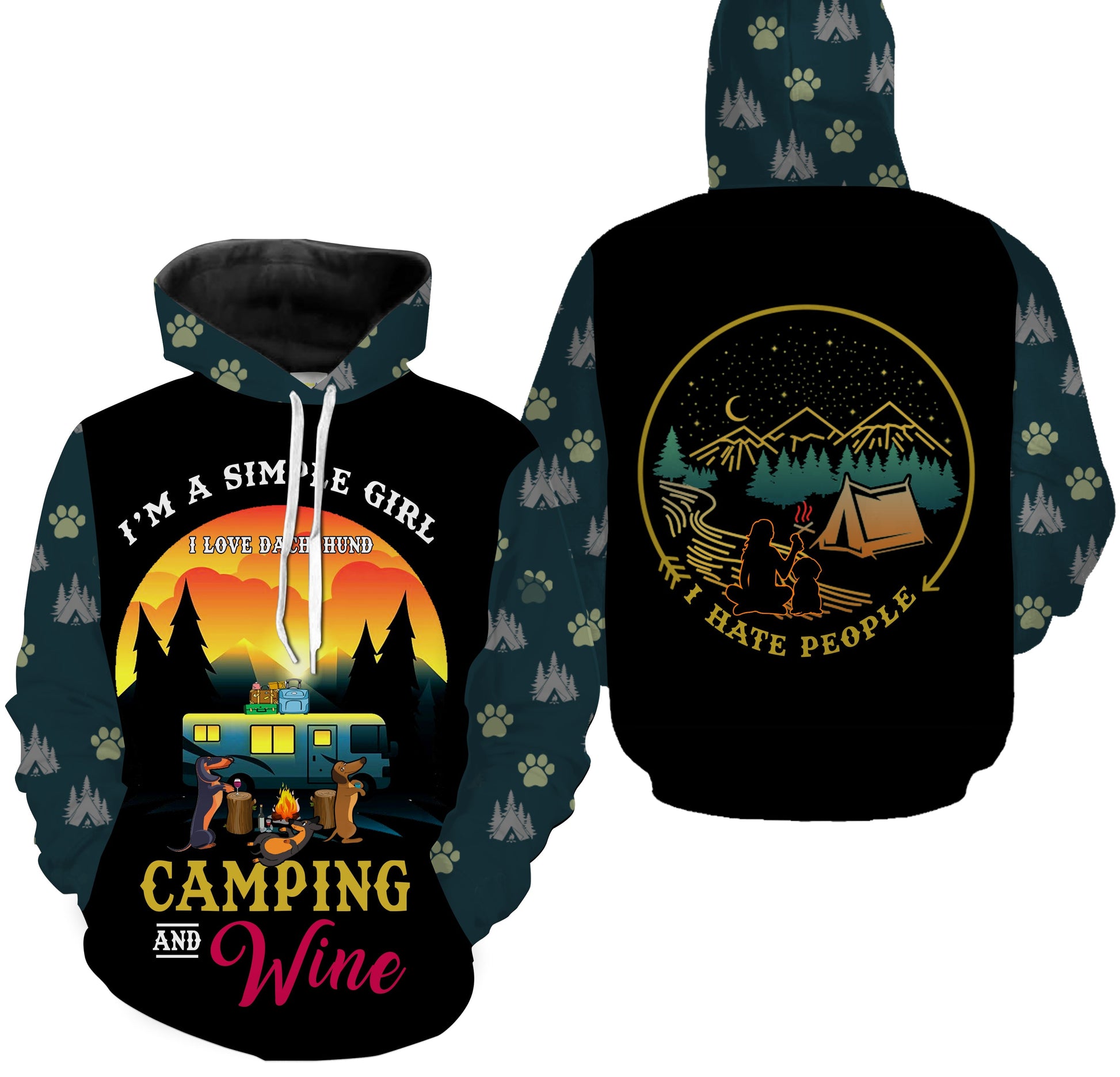 Camping Girl 3D Shirt, Simple Girl Love Dachshund, Camping And Wine Shirt 3D All Over Print - TNN316