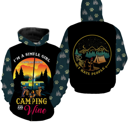 Camping Girl 3D Shirt, Simple Girl Love Dachshund, Camping And Wine Shirt 3D All Over Print - TNN316