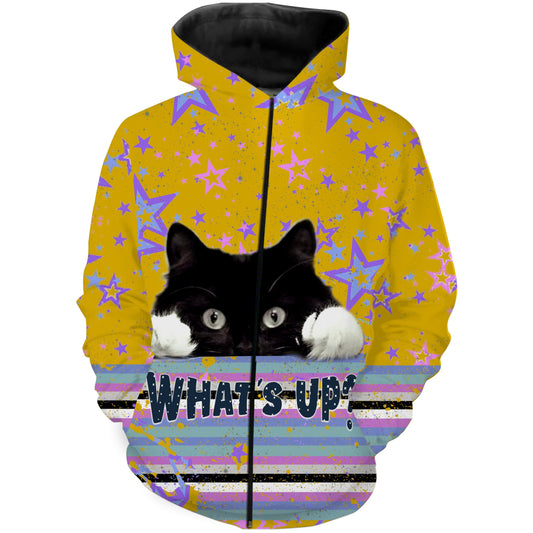 What's Up Black Cat Personalized 3D Full Printing T-Shirt, Hoodie, Long sleeves, Tank top - TNN310 Zip up hoodie