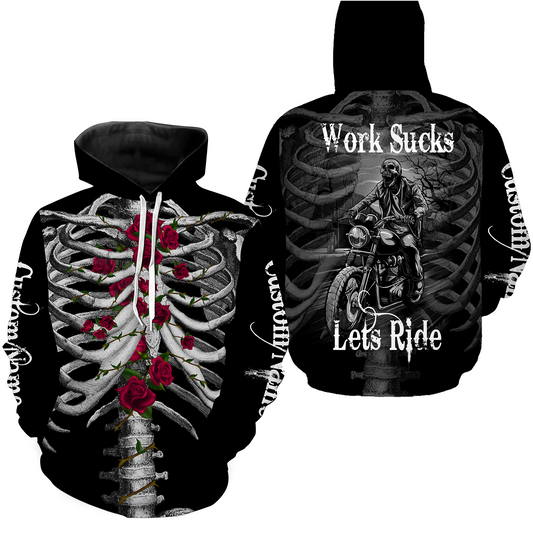 Chest Bone Rose Personalized Motorcycle Jersey - Work Sucks Lets Ride Skull Biker Shirt Off-road Riding NMS490