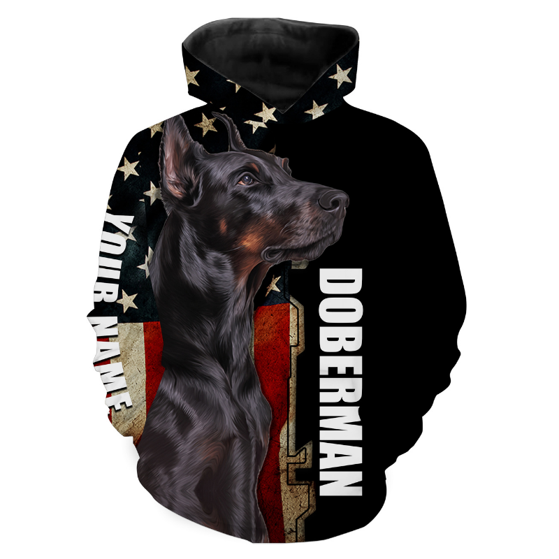 Doberman American Flag Personalized Doberman Hoodie Long Sleeve