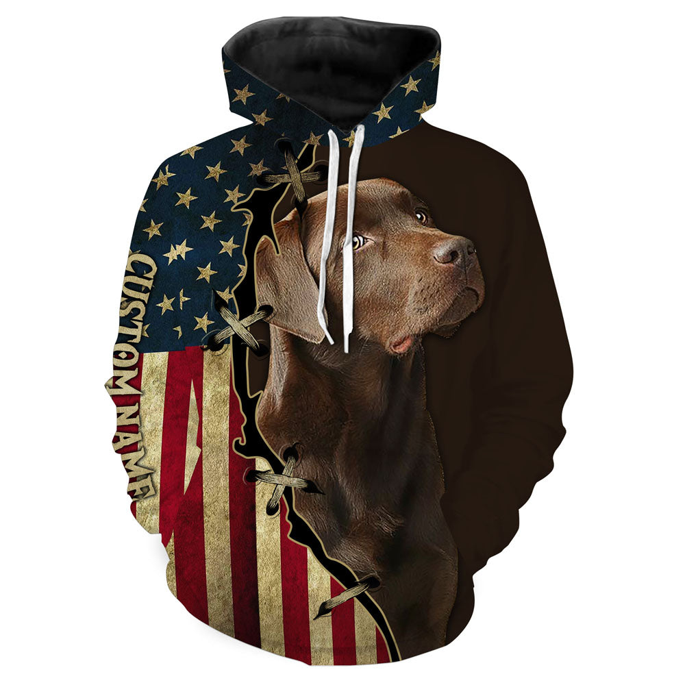 Labrador Retriever T-shirt Long Sleeve Hoodie| Custom All Over Print USA Flag Chocolate Labrador Shirt| JTSD286