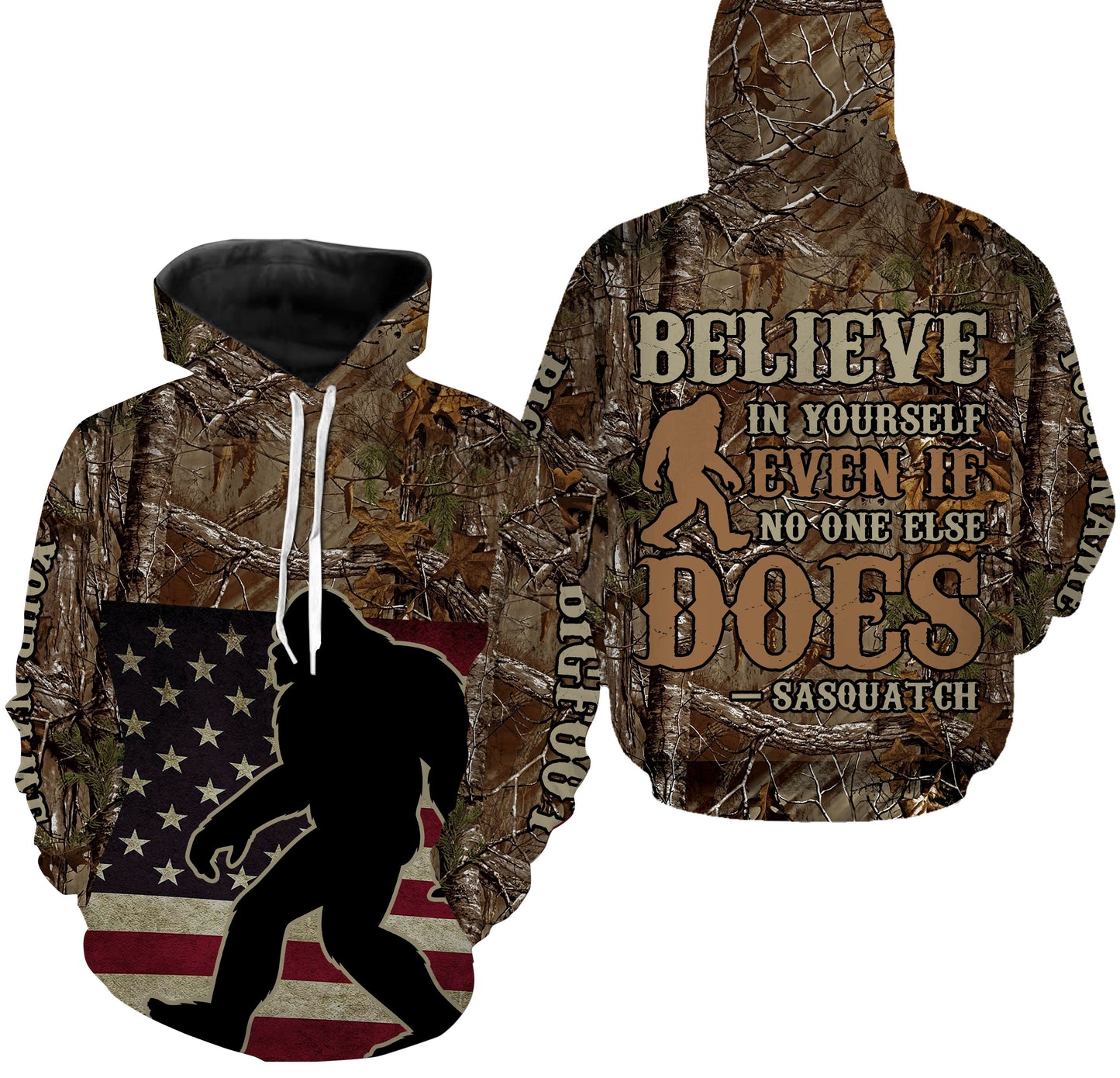 Personalized Bigfoot Sasquatch American Flag Camo Camping Shirt| Believe in Yourself Even If No One Else Does| DBP123