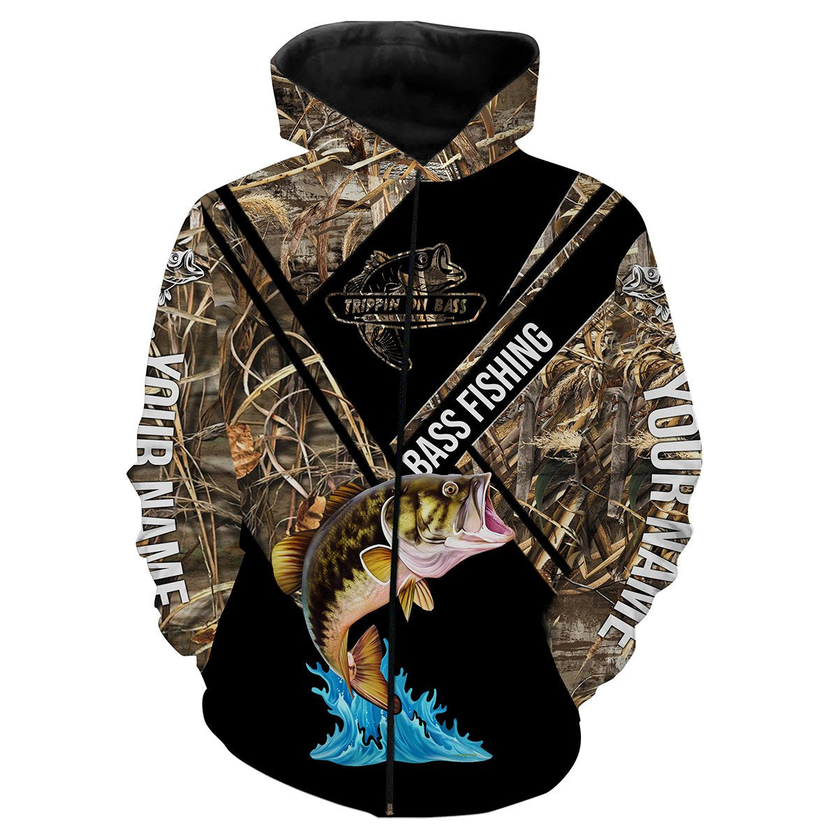 Largemouth Bass fishing camo Customize name All over print shirts - fishing gift for men and women - IPH937 Zip up hoodie