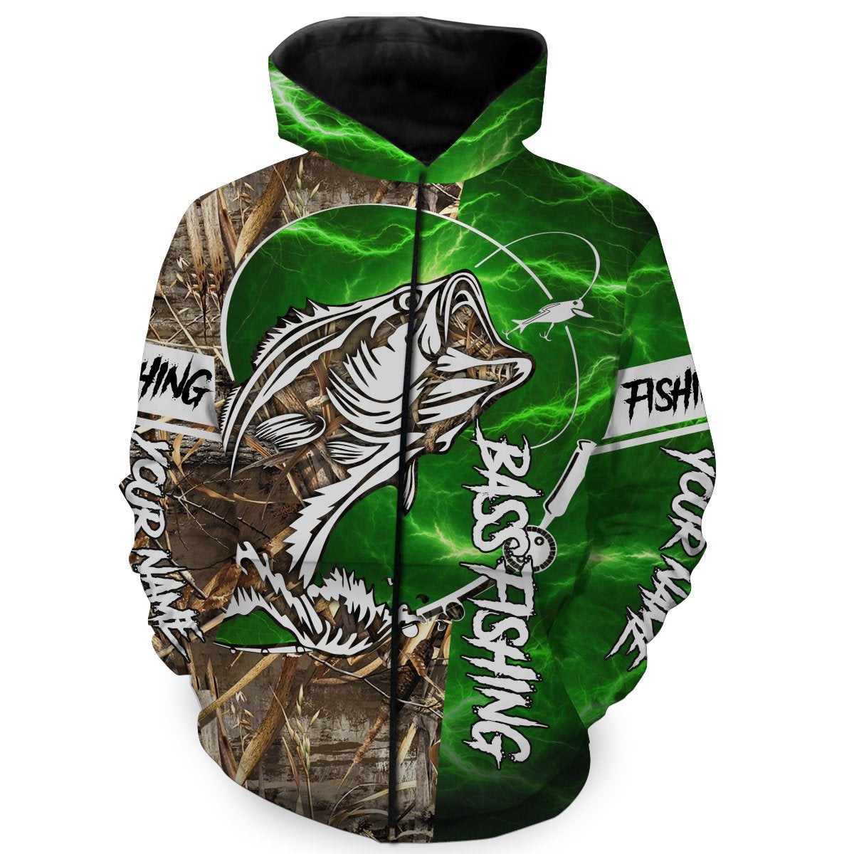 Bass fishing camo Customize name All over print shirts Personalized Fishing gift for men and women - IPH953 Zip up hoodie