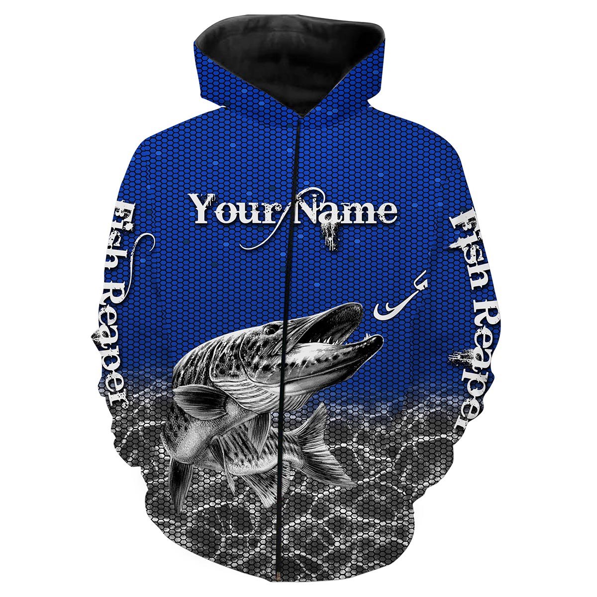 Musky fishing Fish Reaper Customize name All over print shirts Personalized Fishing gift for men and women - IPH966 Zip up hoodie