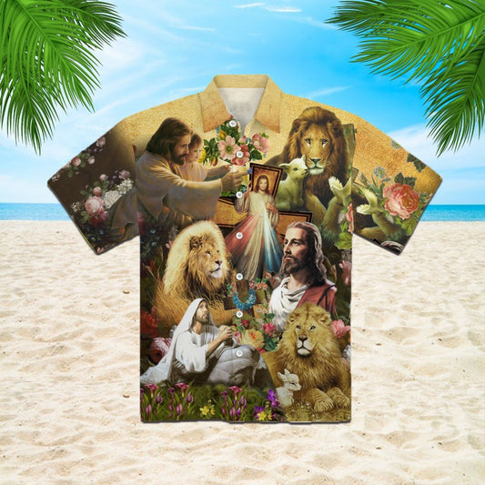 OragonTee Jesus Lion Goat Beautiful Flowers Hawaiian Shirt | For Men & Women | Adult | WT1502
