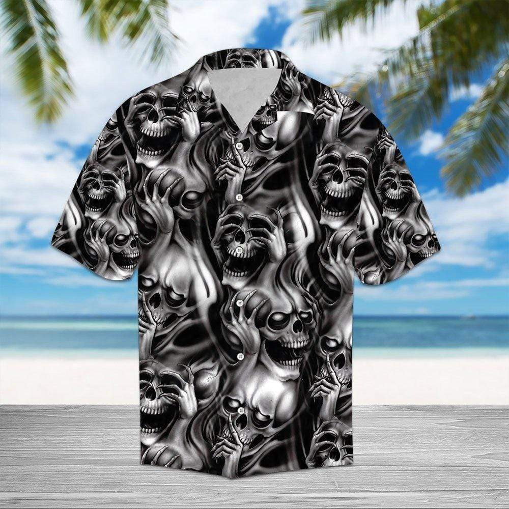 Halloween - Smoking Skull Black White Hawaiian Aloha Shirts #DH