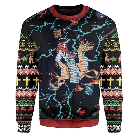 Jesus Riding Reindeer Ugly Christmas Sweater 