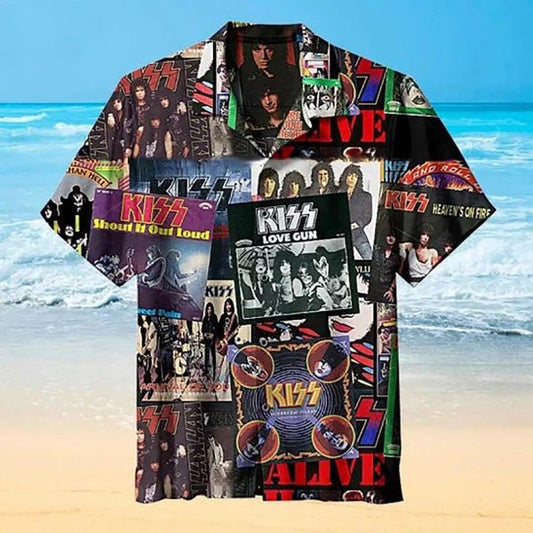 Kiss Rock Band Hawaiian Graphic Print Short Sleeve Hawaiian Casual Shirt