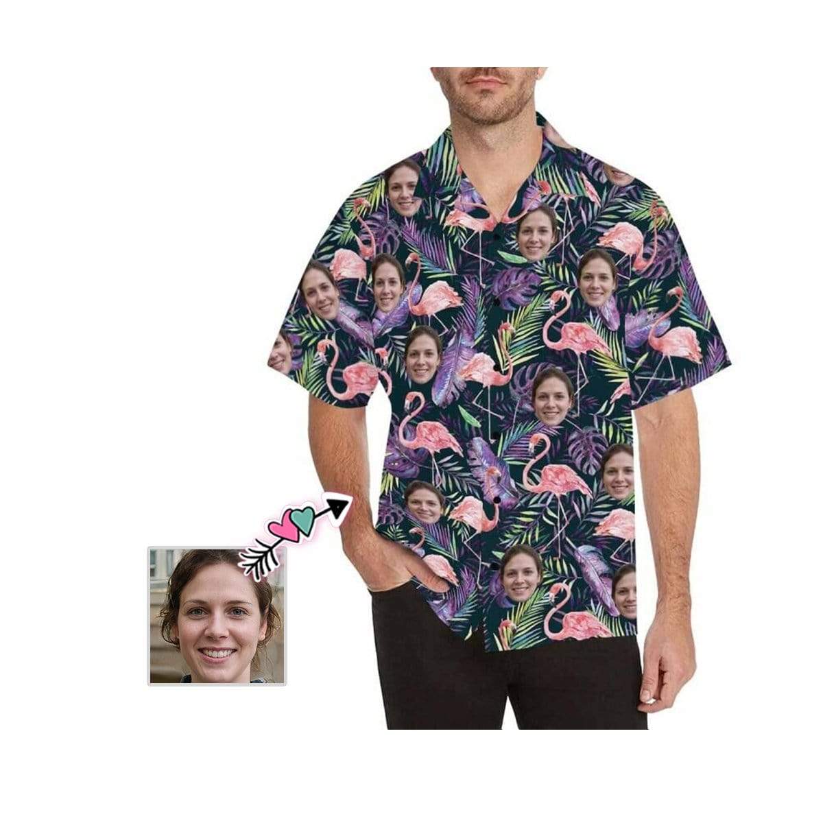 Custom Face Flamingo Purple Leaf Men's All Over Print Hawaiian Shirt