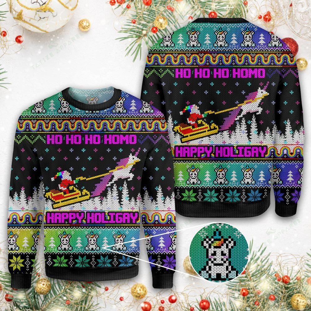 LGBT Santa Claus Rides A Horse Drawn Sleigh Ugly Christmas Sweater 