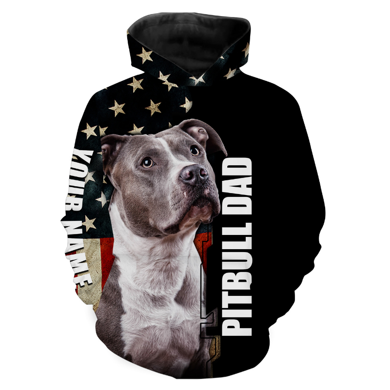 Pitbull Dad American Flag Hoodie Long Sleeve| Custom Name Pitbull Shirt for Pitbull Dad Pitbull Lover| JTSD283