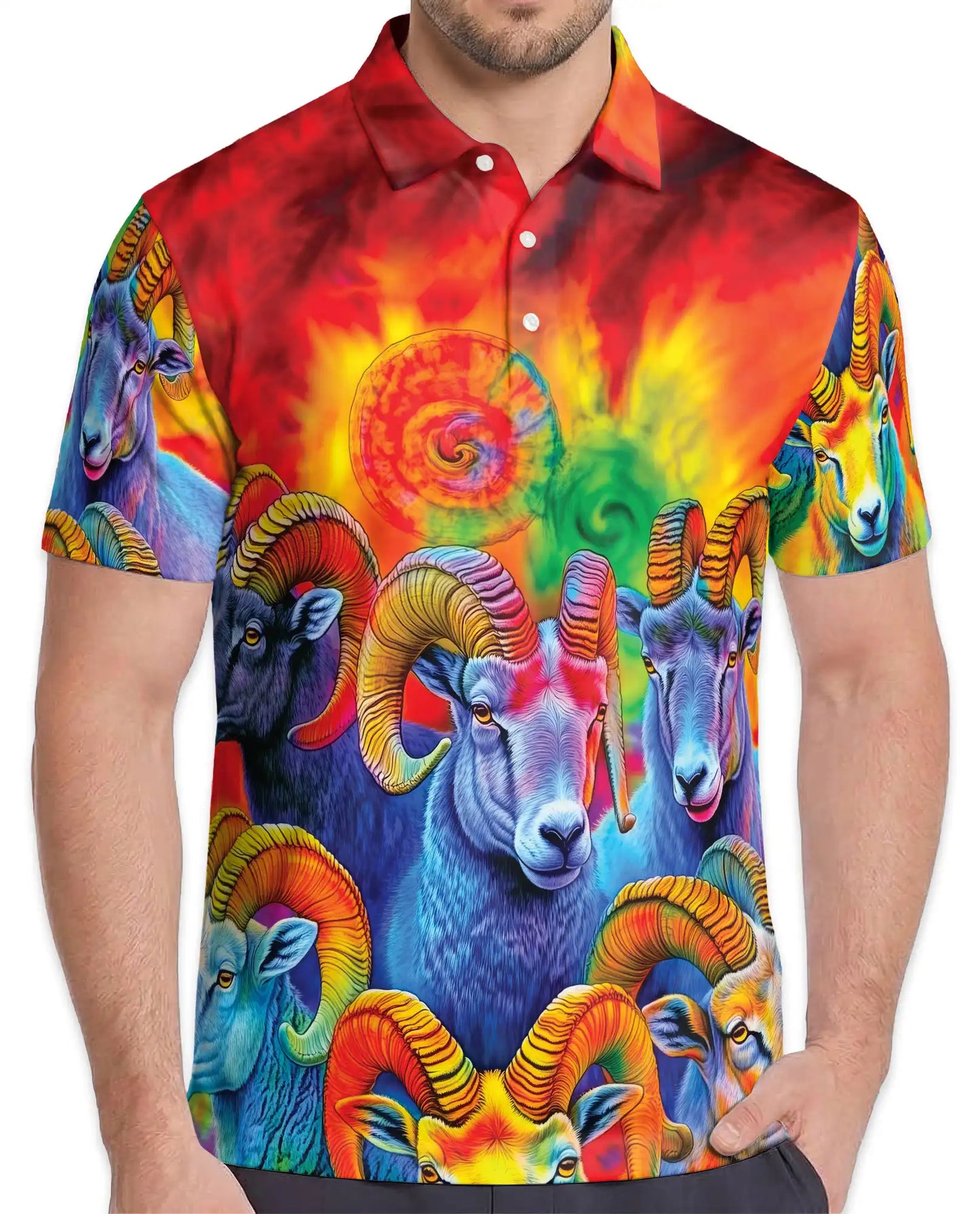 Psychedelic Ram Polo Shirt, Colorful Bighorn Sheep Print | Azhawaiian