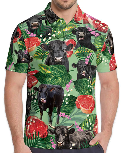 Tropical Black Angus Cattle Polo Shirt for Men, Funny Cow Meat Print | Azhawaiian