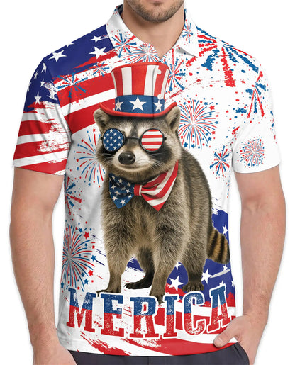Patriotic Raccoon Polo Shirt for Men, USA Holiday Style | Azhawaiian