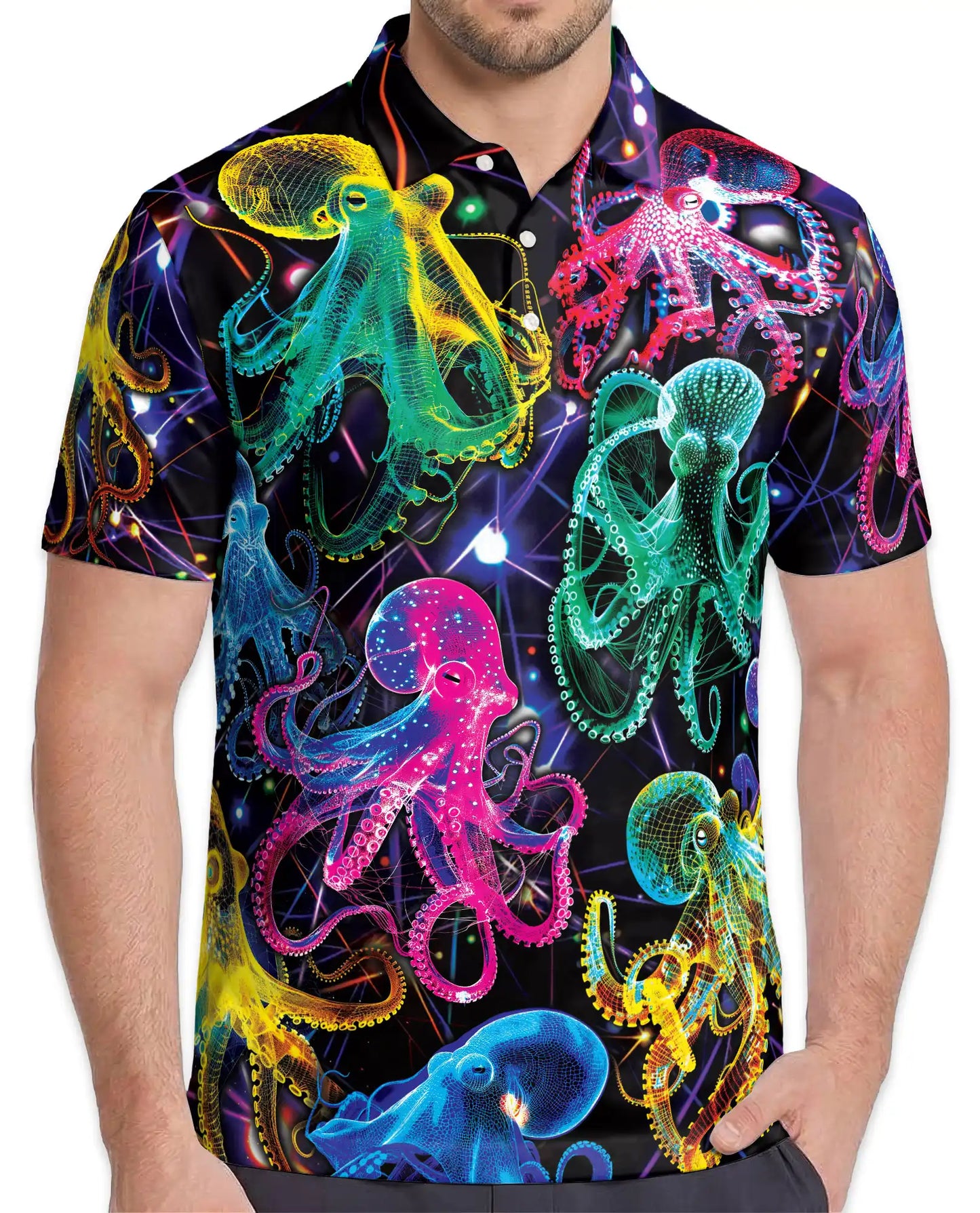 Neon Octopus Polo Shirt for Men, Vibrant Ocean Life | Azhawaiian