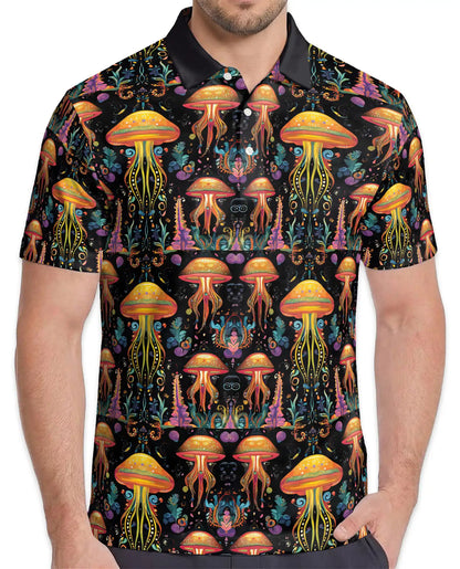 Fantasy Mushroom Polo Shirt, Botanical Night Garden Print | Azhawaiian
