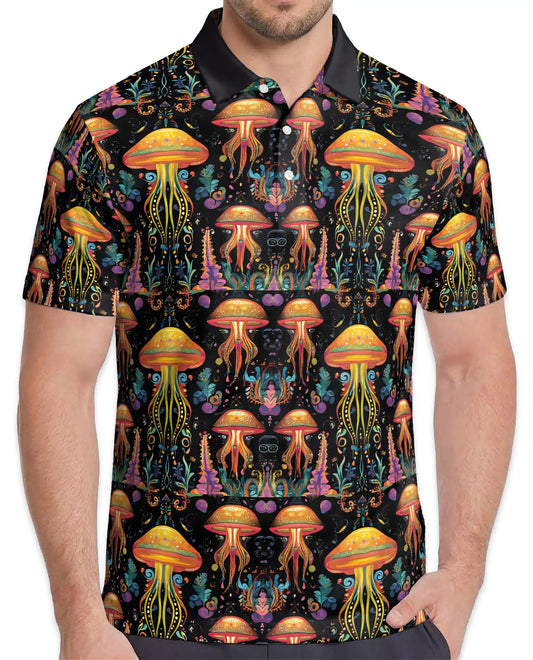 Fantasy Mushroom Polo Shirt, Botanical Night Garden Print
