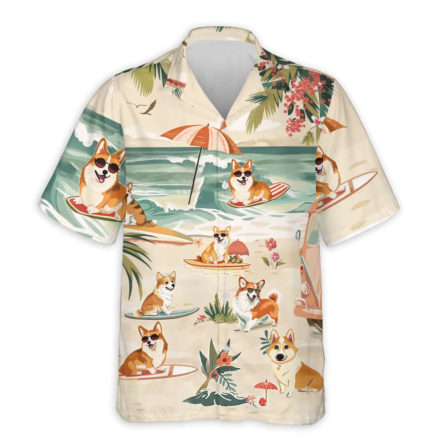 Corgi Beach Hawaiian Shirt, Tropical Surf Print | Azhawaiian