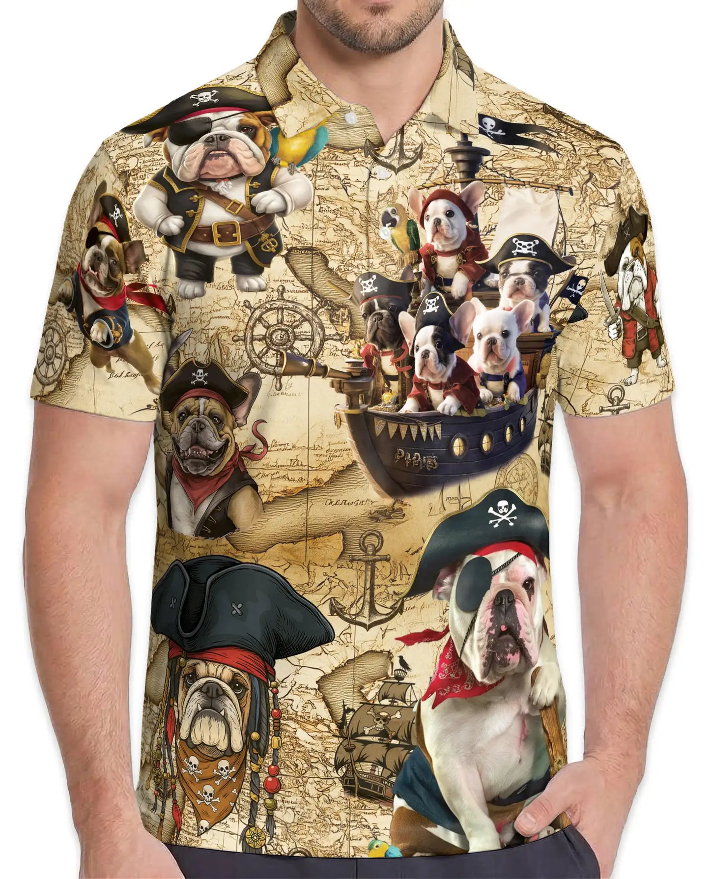 Pirate Dogs Polo Shirt for Men, Cute Bulldog Pirate Print | Azhawaiian