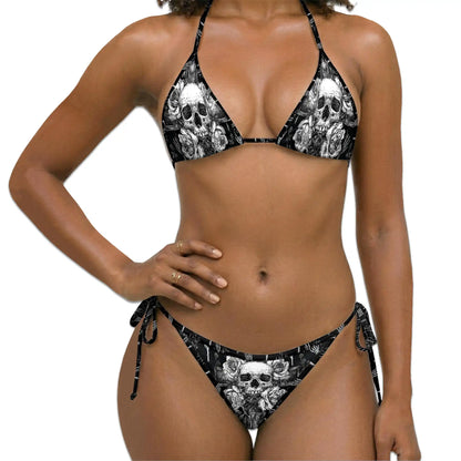 Skull Roses Bikini Set for Women, Two Piece Swimsuit, Gothic Floral Beachwear | Azhawaiian