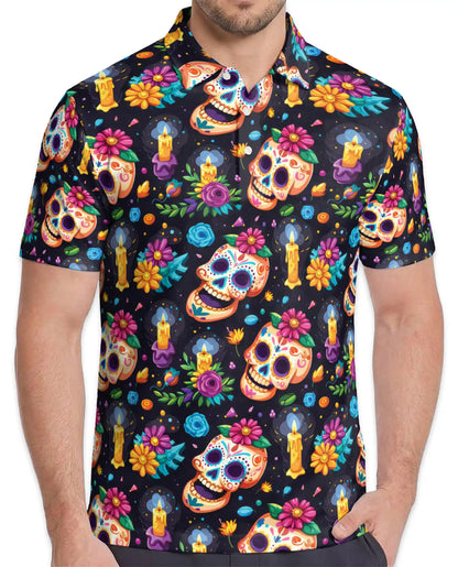 Sugar Skull Polo Shirt for Men, Day of the Dead Colorful Skull Print | Azhawaiian