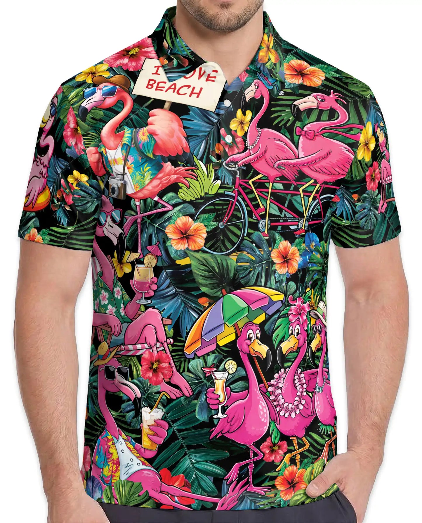 Tropical Flamingo Polo Shirt for Men, Beach Vacation Style | Azhawaiian