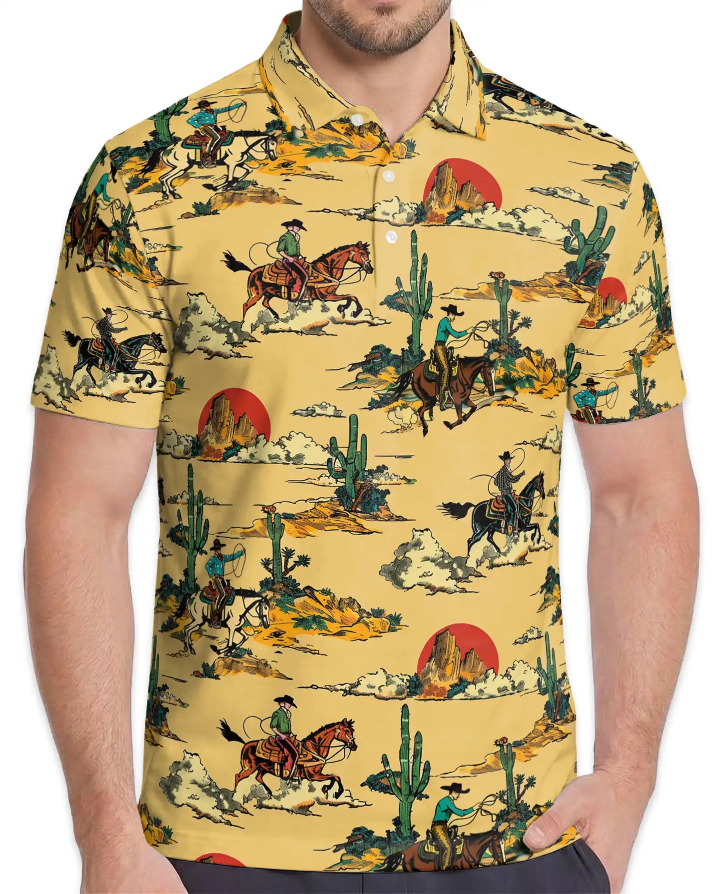 Western Desert Polo Shirt for Men, Cowboy Ranch Style | Azhawaiian