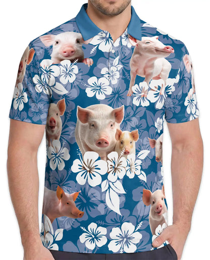 Pig Hawaiian Floral Polo Shirt for Men- Cute Farm Pig Tropical Flower | Azhawaiian