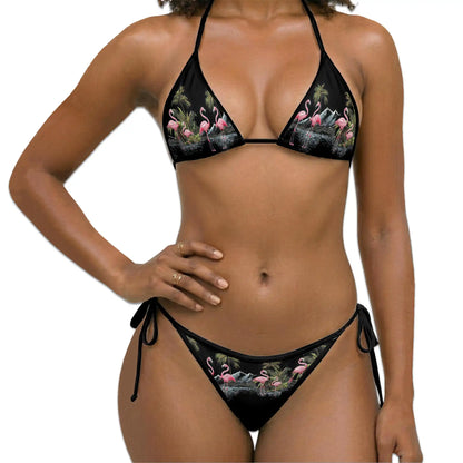 Flamingo Black Bikini Set for Women, Two Piece Swimsuit, Tropical Flamingo Beachwear | Azhawaiian
