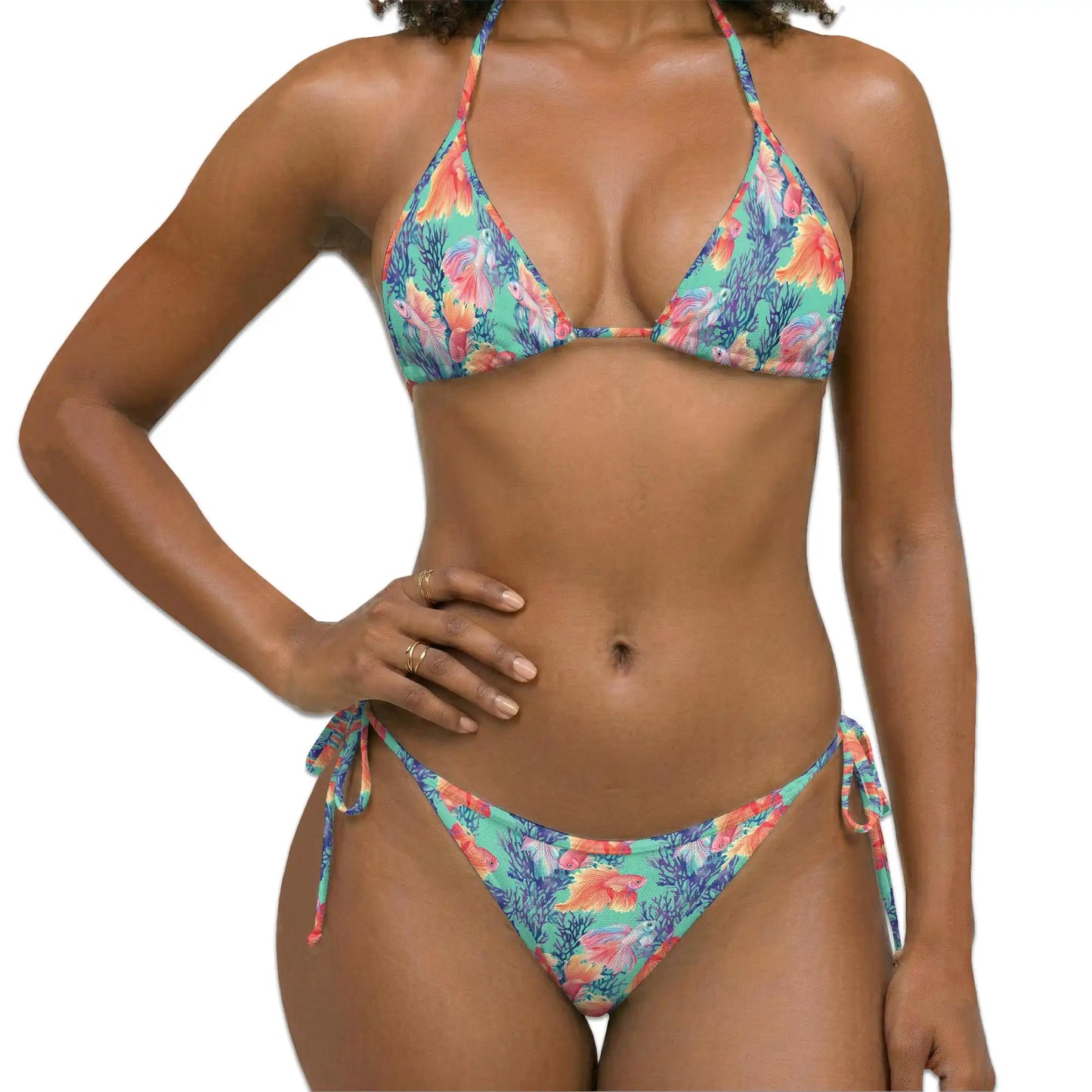 Golden Fish Bikini Set for Women, Two Piece Swimsuit, Fish and Coral Print Beachwear | Azhawaiian