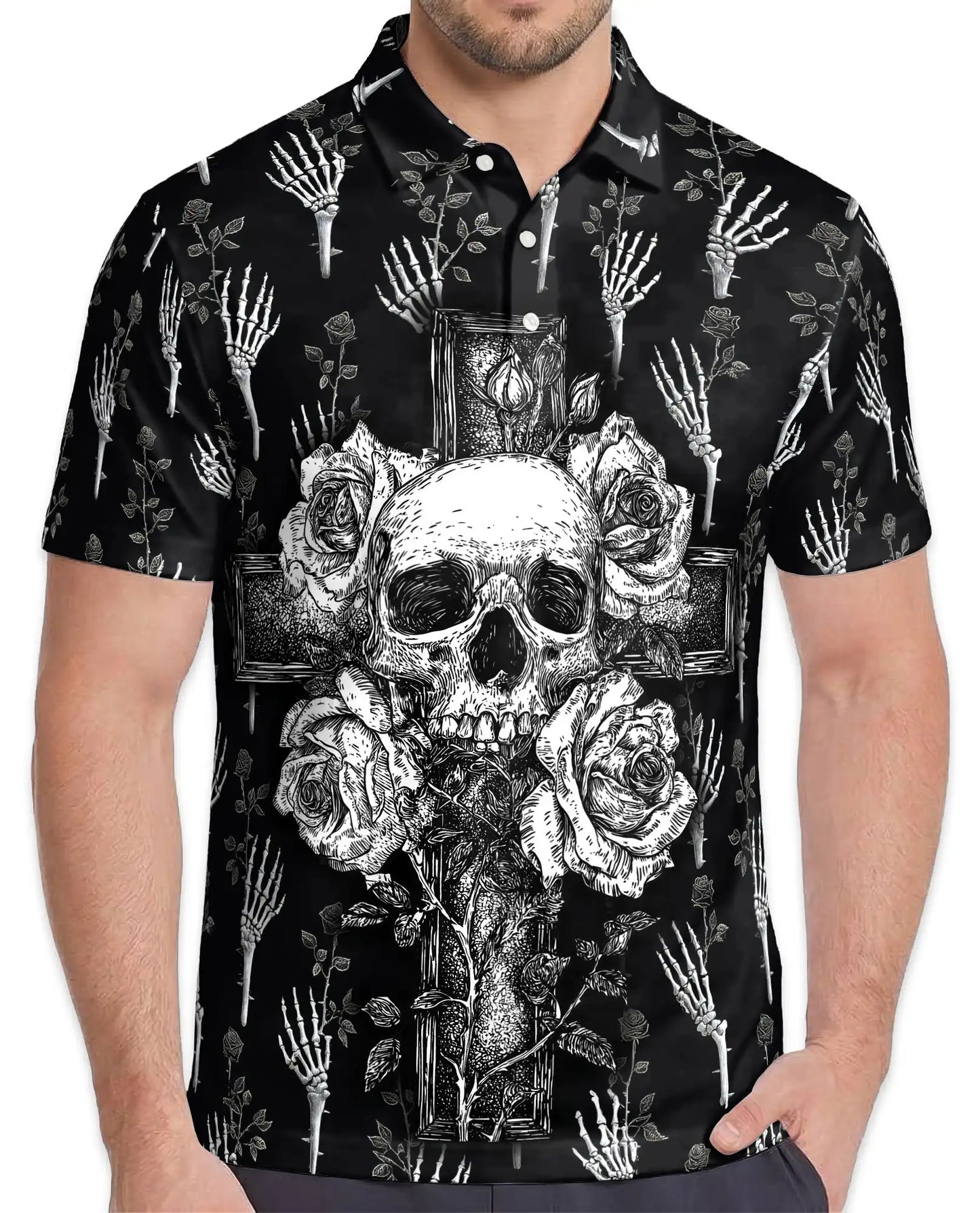 Gothic Skull Cross Polo Shirt - Dark Floral Horror Style | Azhawaiian