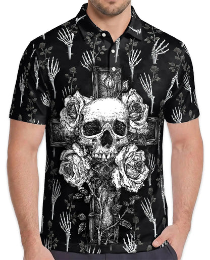 Gothic Skull Cross Polo Shirt - Dark Floral Horror Style | Azhawaiian