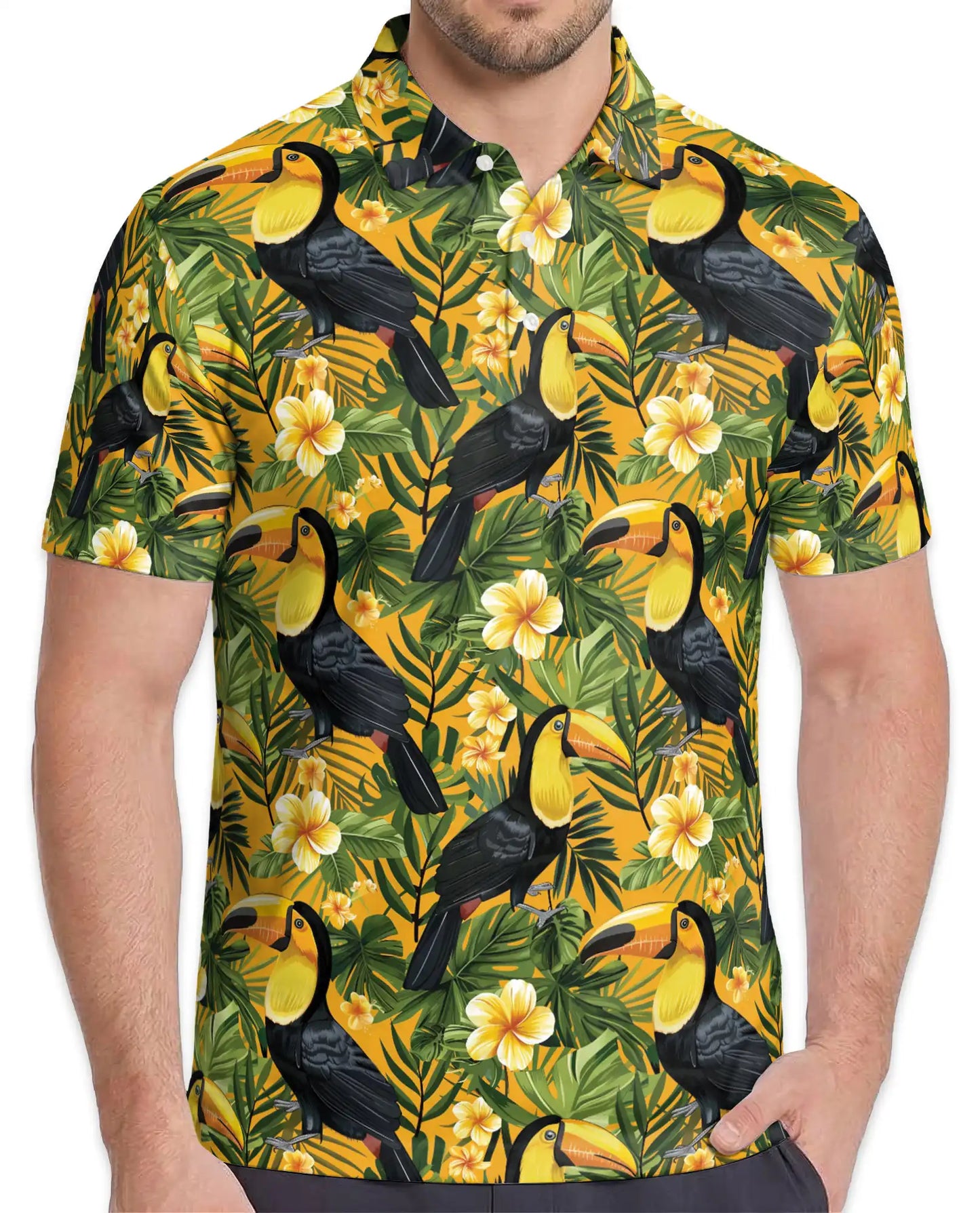 Toucan Tropical Floral Polo Shirt for Men-Jungle Bird Hawaiian Style | Azhawaiian