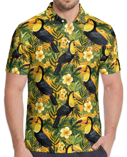 Toucan Tropical Floral Polo Shirt for Men-Jungle Bird Hawaiian Style | Azhawaiian