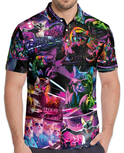 DJ Cat Party Polo Shirt for Men, Neon Music Festival Cat Print | Azhawaiian