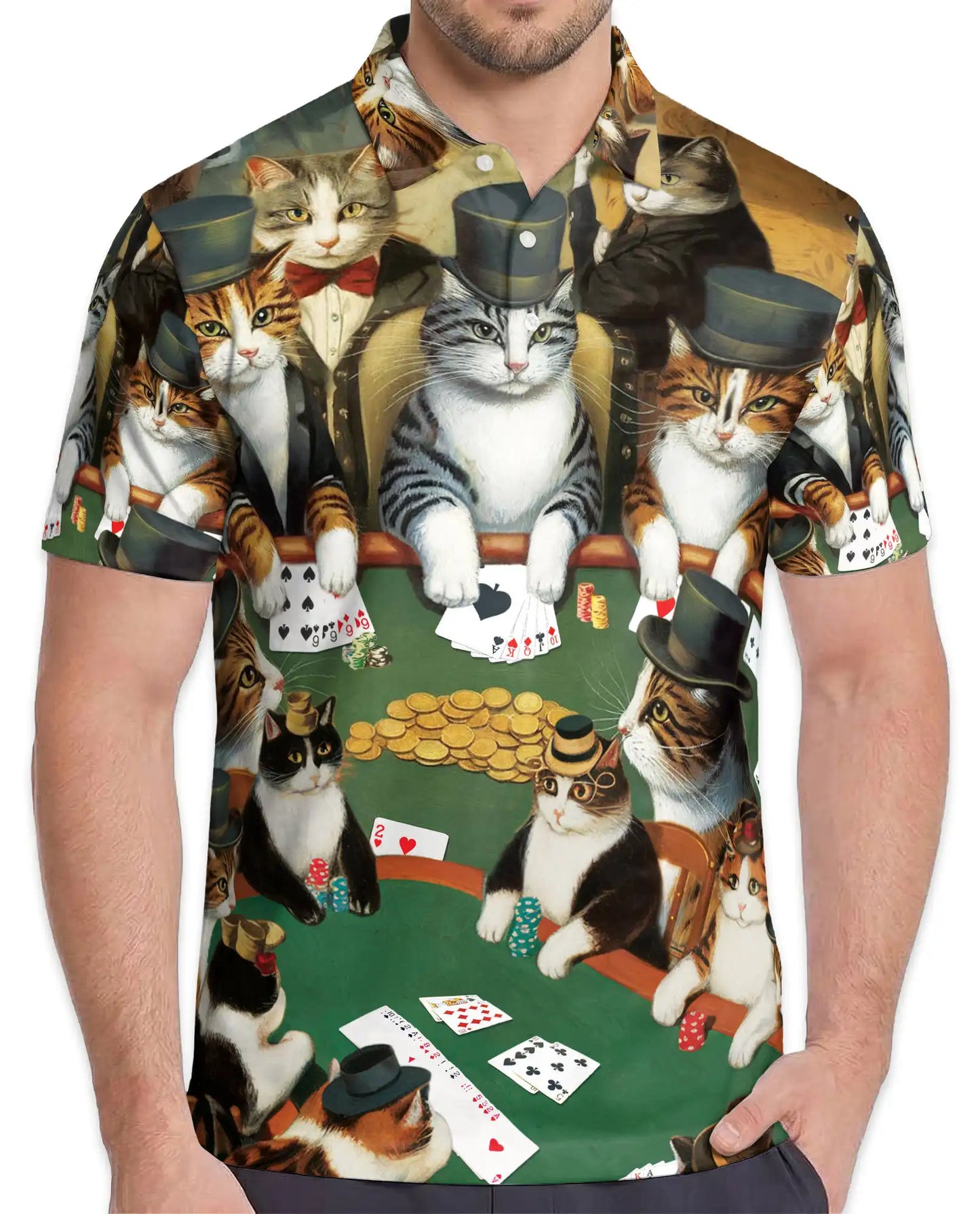 Cat Poker 3D Polo Shirt for Men, Fun Animal Card Game Print | Azhawaiian